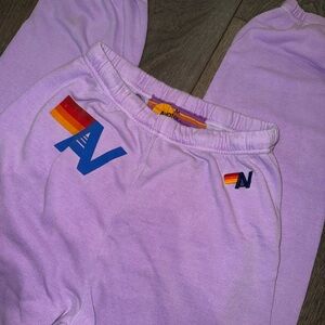 Aviator Nation Lavender Joggers with Rainbow Stripes